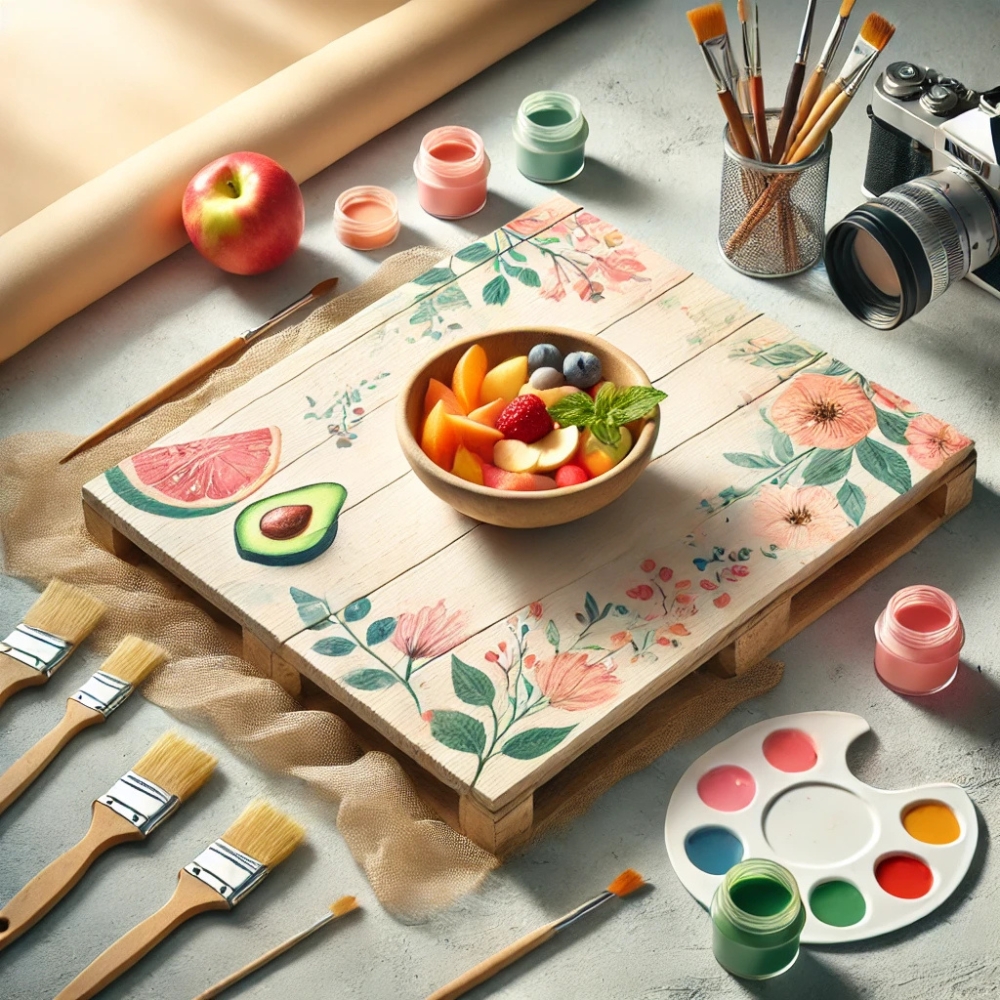 A creative food photography setup highlighting DIY backdrops. The scene features a hand-painted wooden board with soft pastel colors, a bowl of fresh fruit, and paintbrushes and paints nearby. The lighting is bright, emphasizing the handcrafted feel and the versatility of DIY options.