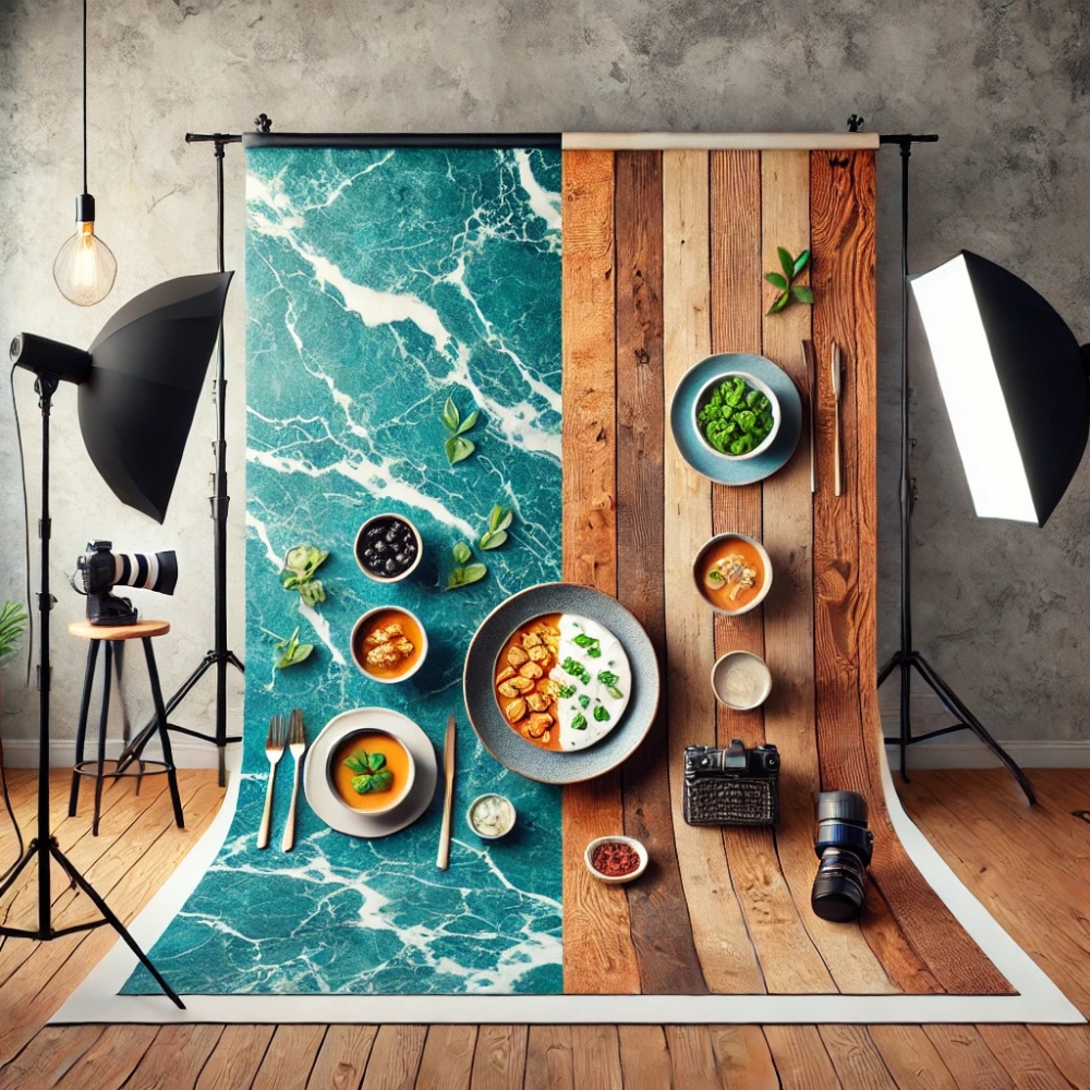 An image showcasing a comparison of food photography backdrops. On one side, a vibrant vinyl backdrop featuring a marble texture; on the other, a rustic wooden backdrop with natural imperfections. Both are set with elegant dishes, highlighting their unique qualities. The setup includes bright lighting and professional photography equipment.