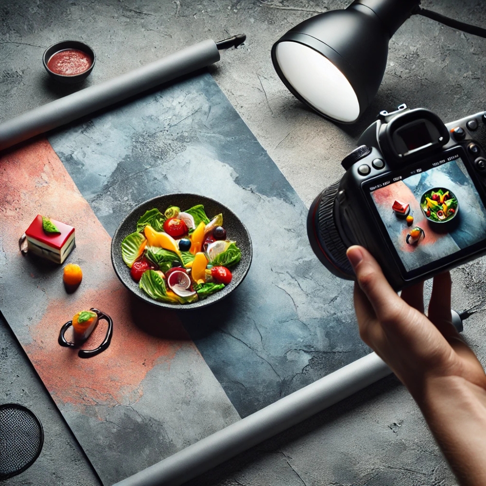 An image of a food photography setup focusing on texture, showing a concrete-textured backdrop paired with vibrant food dishes. The dishes include a colorful salad and a smooth, glossy dessert, highlighting how texture enhances depth and mood. The lighting is soft, emphasizing both the food and the backdrop.