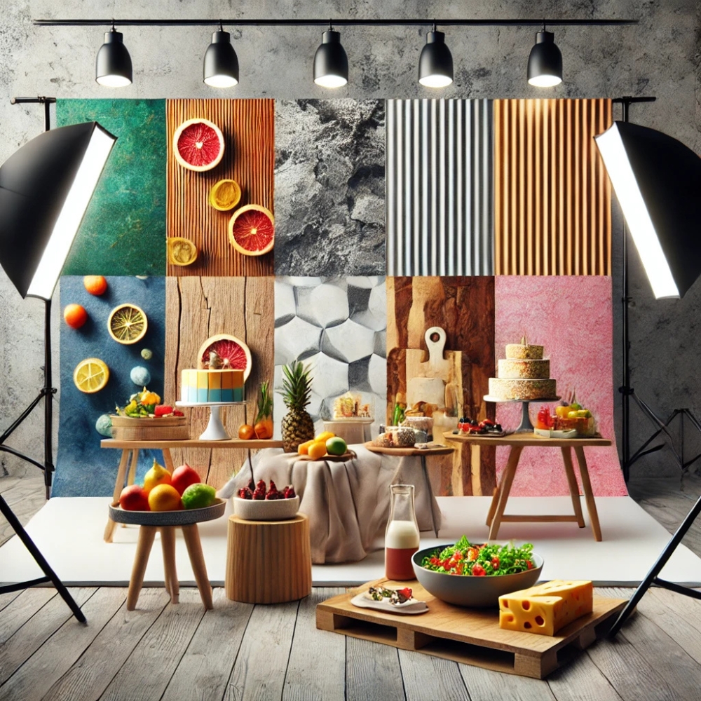 An image depicting a modern food photography setup with various backdrops displayed in use. The focus is on showcasing a vibrant selection of backdrops, including a concrete texture, a rustic woodgrain, and a smooth marble surface. A colorful array of dishes like a fruit salad, cake, and cheese board are styled to highlight each backdrop. Bright studio lighting enhances the overall scene, emphasizing professionalism and creativity.